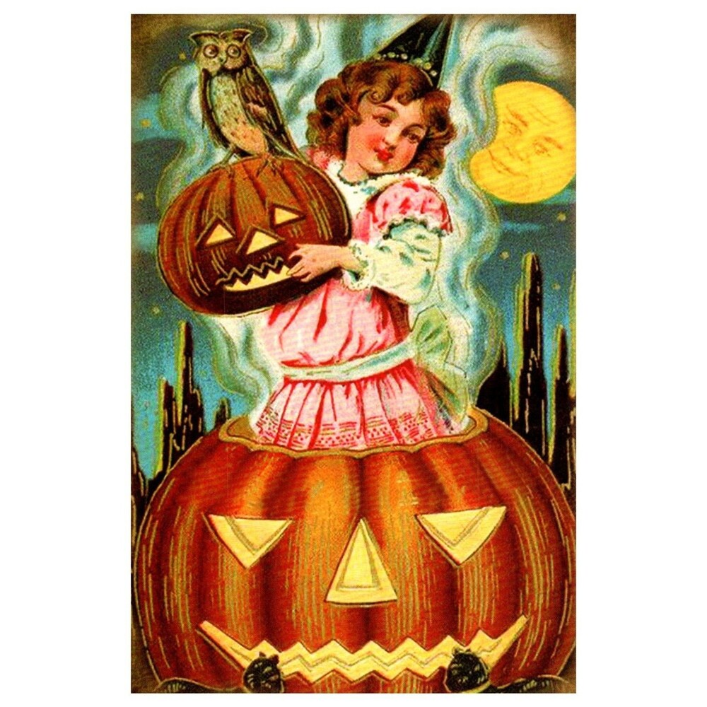 Vintage Style Halloween Postcard Girl Witch Owl Jack-O-Lantern Moon Art